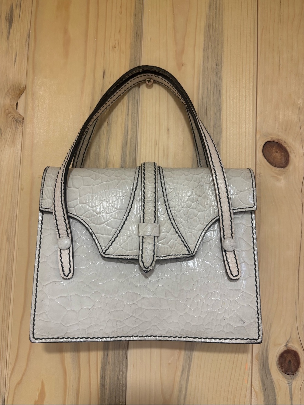 Croc-Embossed White Top-Handle Satchel